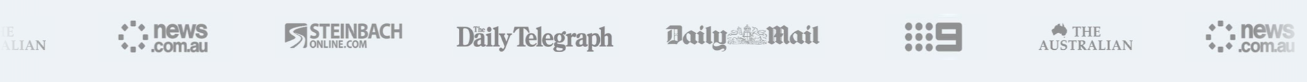 Featured media outlets including news.com.au, Steinbach Online, Daily Telegraph, Daily Mail, Nine and The Australian