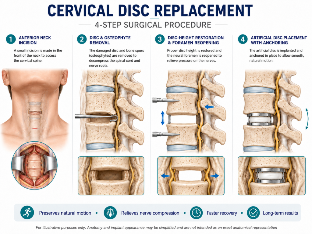 Four-step cervical disc replacement procedure: anterior neck incision, disc and osteophyte removal, disc-height restoration with foramen reopening, and artificial disc placement