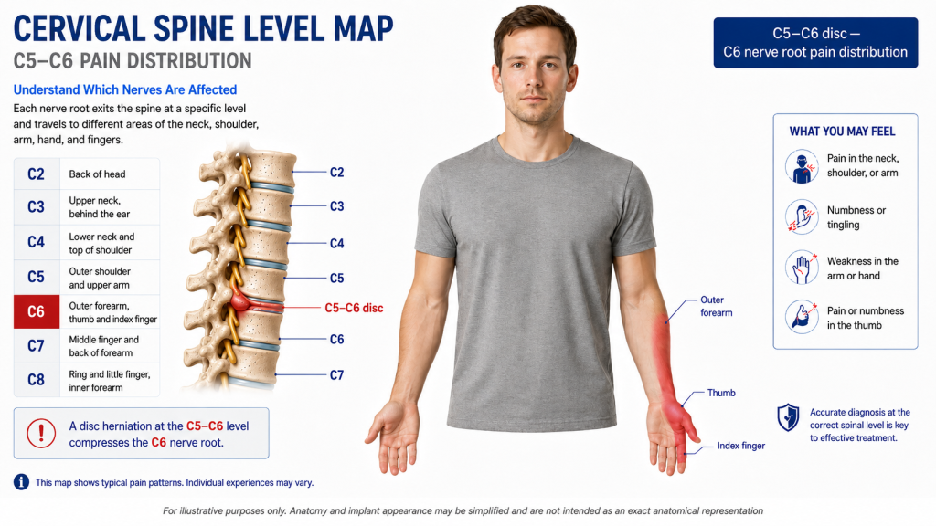 Cervical spine level map showing C2 to C8 nerve root pain areas, with a C5-C6 herniation compressing the C6 nerve root and causing pain in the outer forearm, thumb and index finger