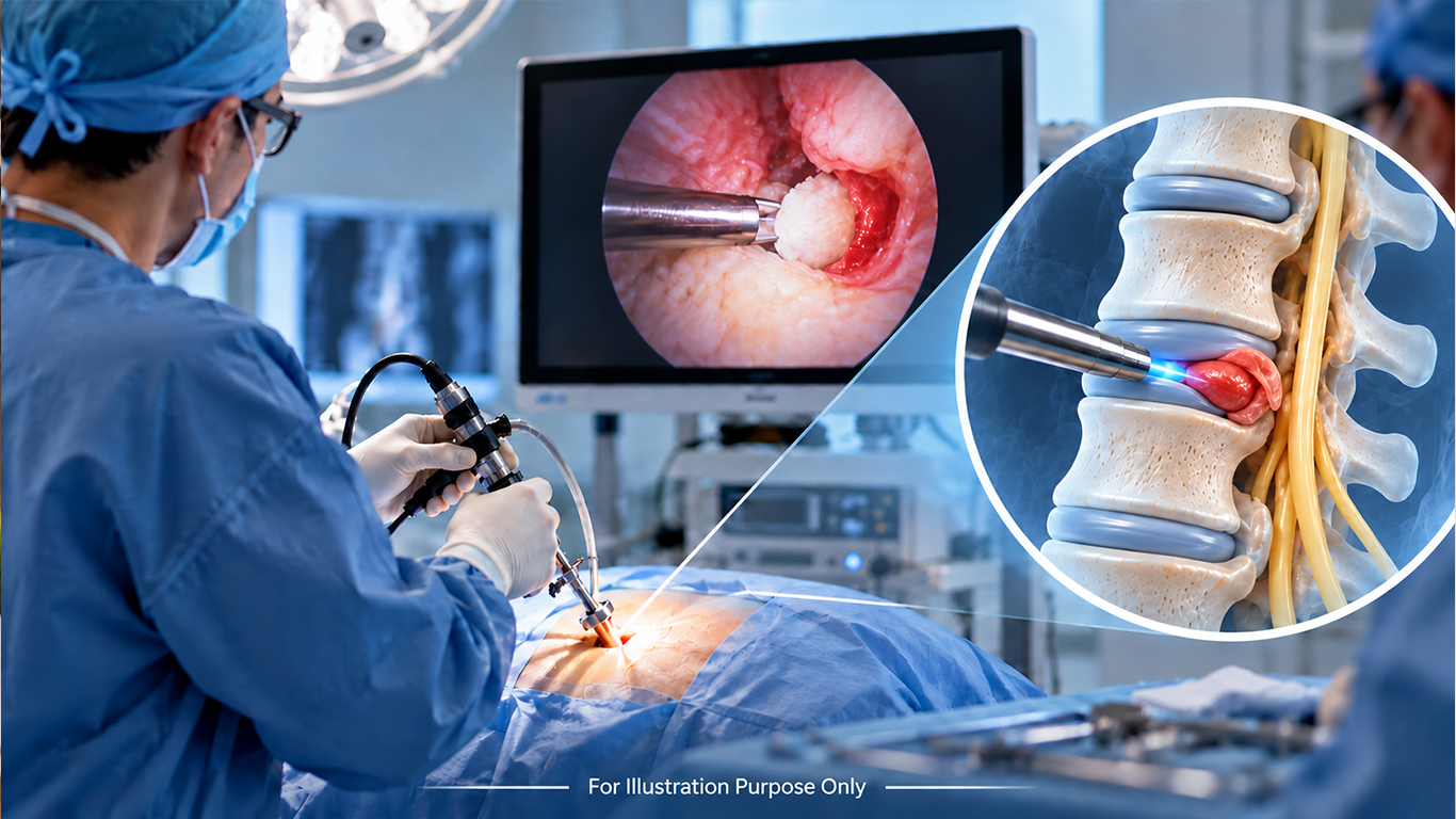 Surgeon performing endoscopic microdiscectomy, with the endoscope view and a spine illustration showing the herniated disc fragment being removed