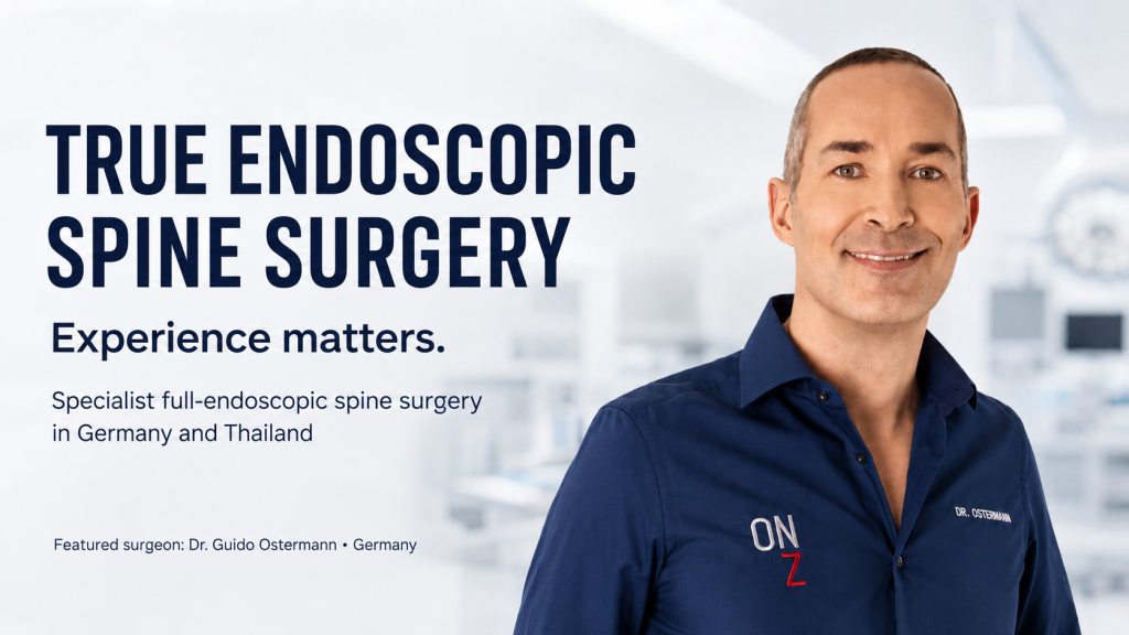 Dr. Guido Ostermann, full-endoscopic spine surgery specialist in Germany and Thailand, standing in a clinic wearing a navy ONZ shirt