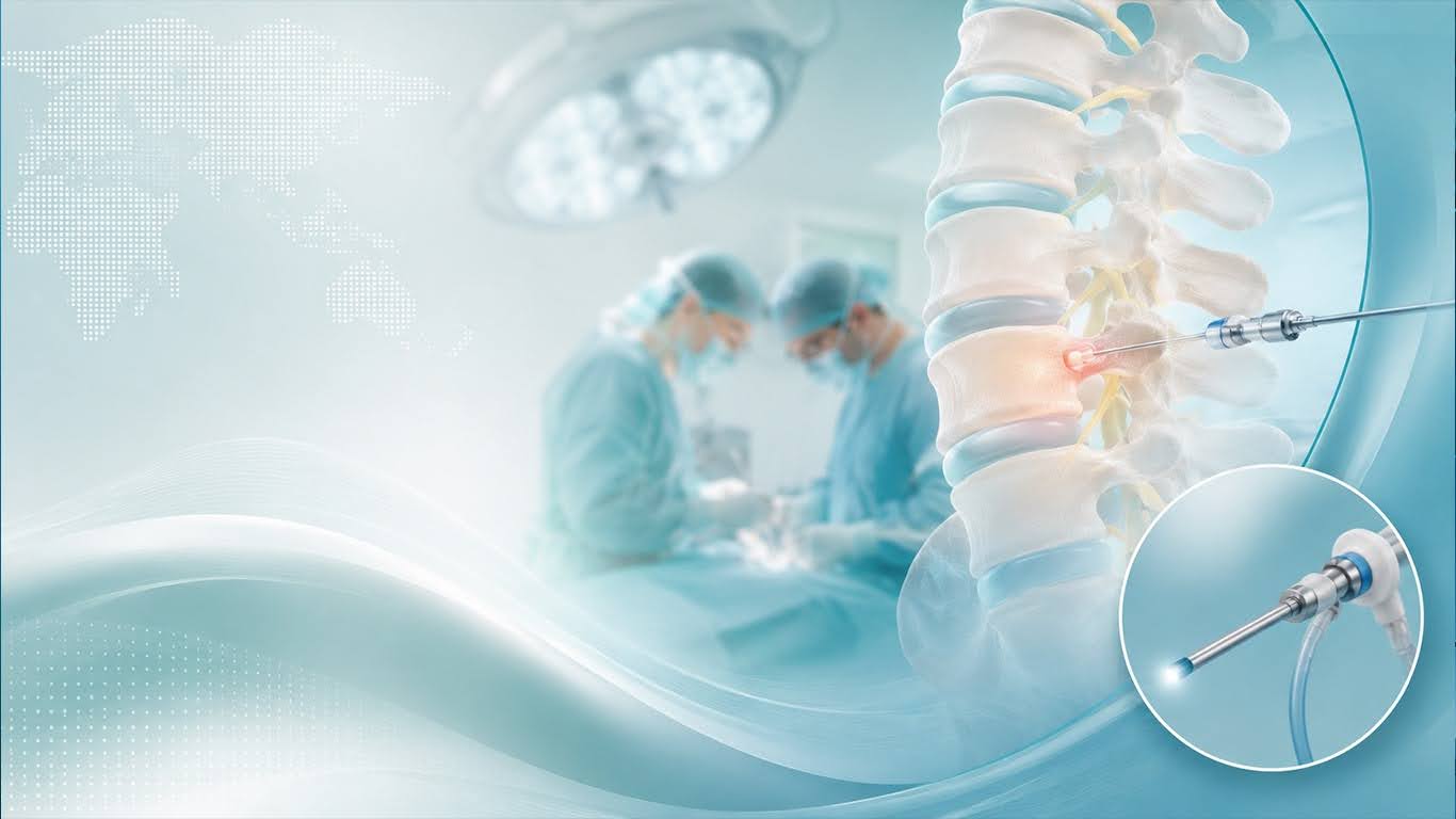 Illustration of a lumbar spine with an endoscope inserted at a herniated disc, with surgeons operating in the background