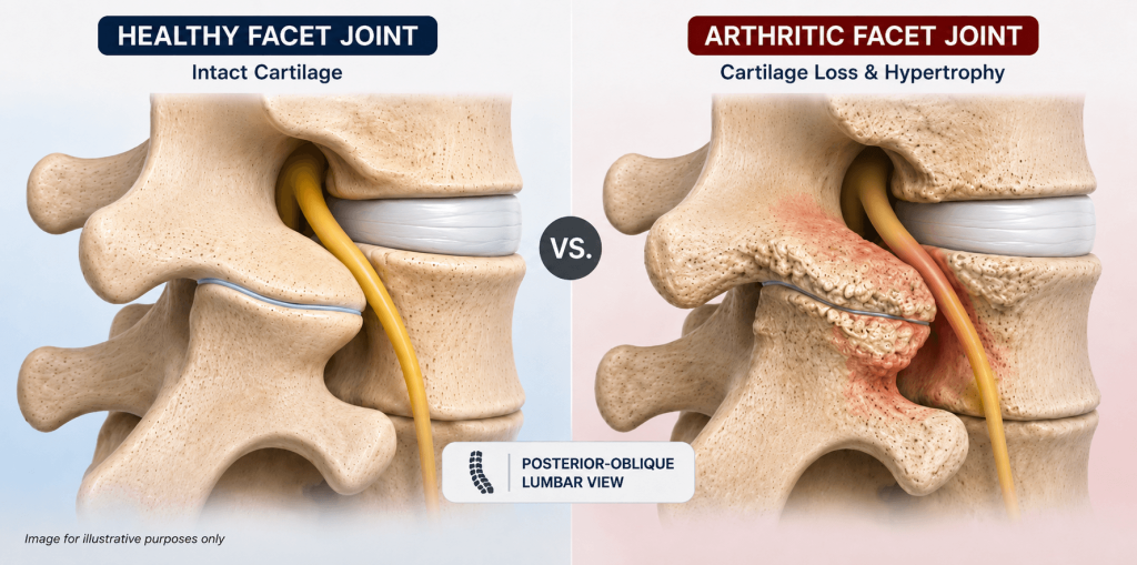 Healthy lumbar facet joint with intact cartilage compared to an arthritic facet joint showing cartilage loss and bone hypertrophy pressing on the nerve root