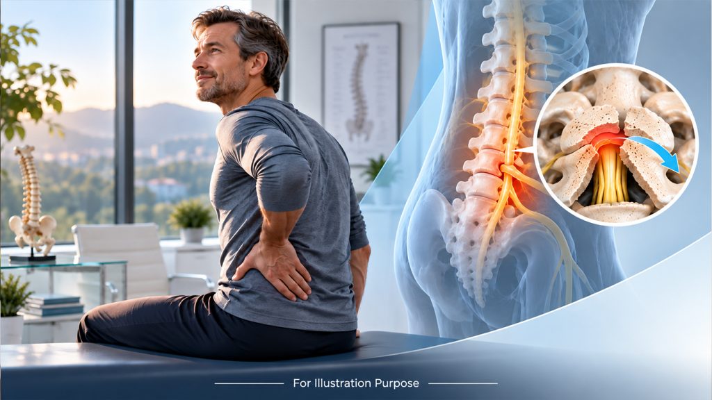 Man with lower back pain beside a cross-section illustration of a compressed spinal nerve treated by laminectomy decompression