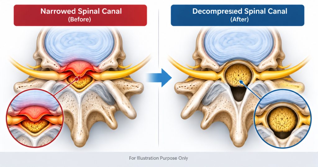 Cross-section illustration of a narrowed spinal canal compressing the nerve before decompression, and a widened canal relieving it after