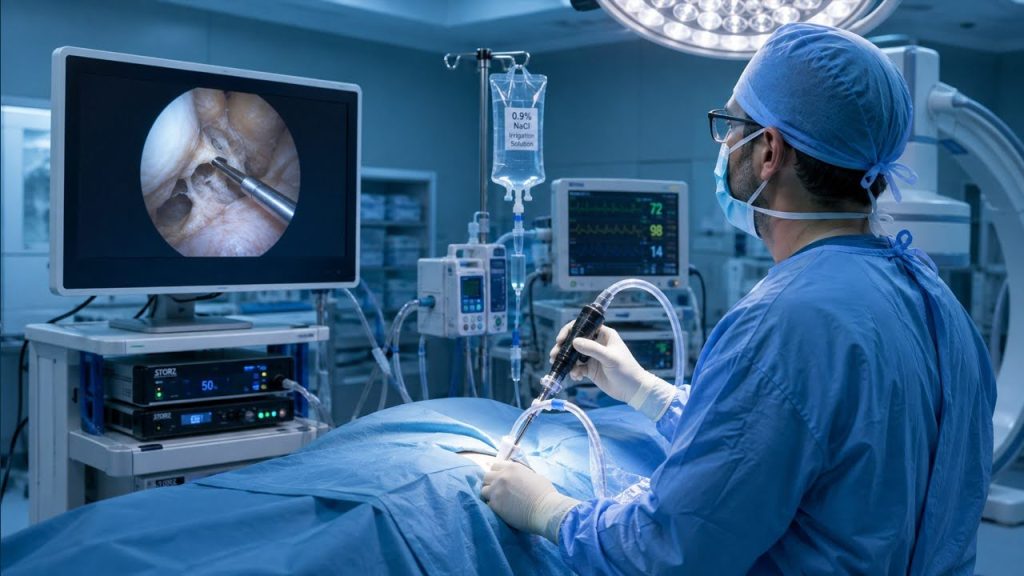 Surgeon performing endoscopic spine surgery while viewing the endoscope feed on a monitor in the operating room