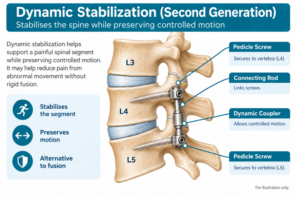 Dynamic stabilization system diagram showing pedicle screws at L4 and L5, a connecting rod, and a dynamic coupler that allows controlled motion