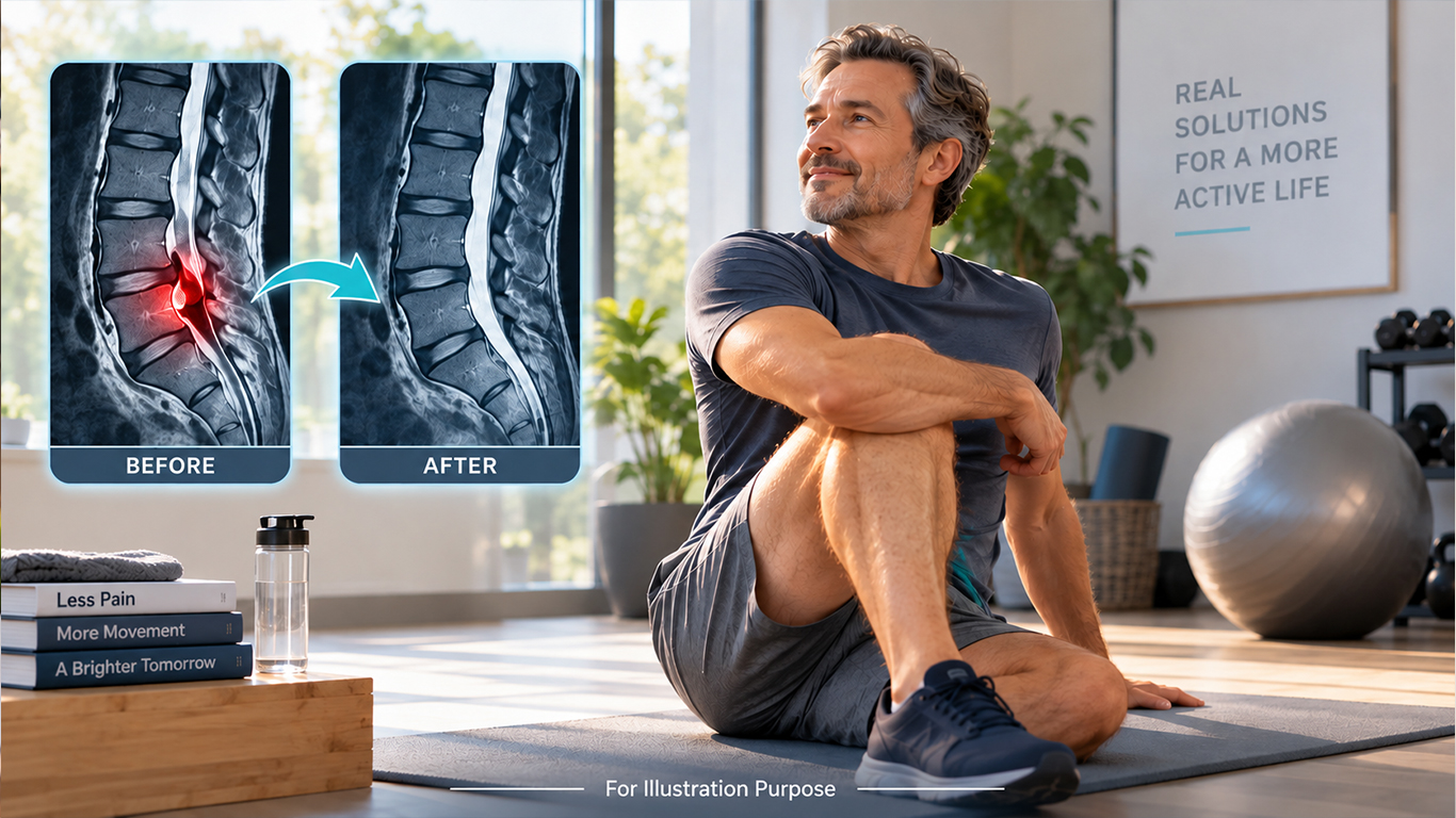 MRI before and after dynamic spinal stabilization, man sitting on a yoga mat after treatment for lower back pain