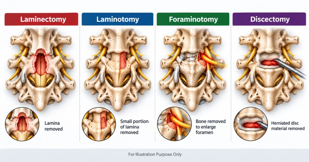 Comparison of laminectomy, laminotomy, foraminotomy and discectomy showing which bone or disc tissue each procedure removes