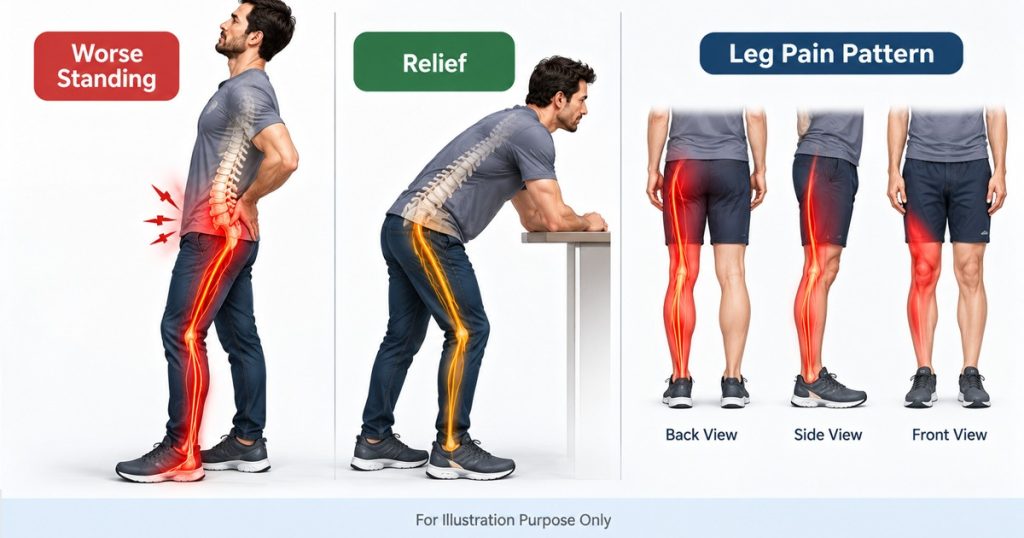 Man with spinal stenosis leg pain worse when standing upright and relieved when leaning forward, with leg pain pattern shown from back, side and front
