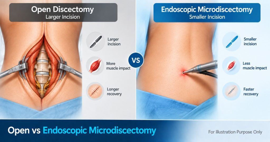 Open discectomy with a larger incision and more muscle impact compared to endoscopic microdiscectomy with a smaller incision and faster recovery