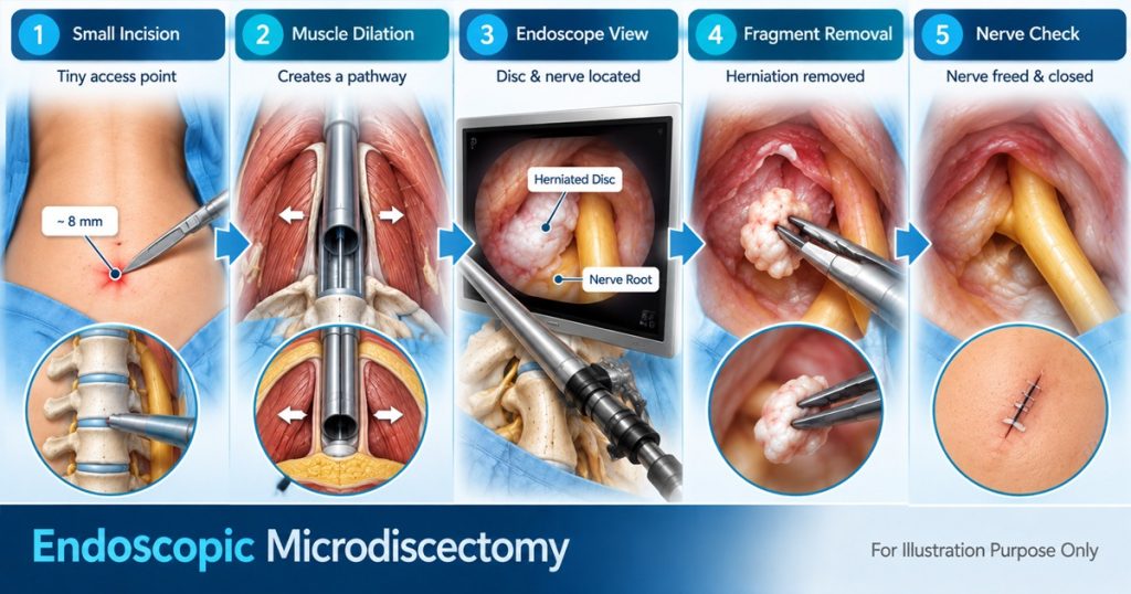 Five steps of endoscopic microdiscectomy: small incision, muscle dilation, endoscope view of the herniated disc, fragment removal and nerve check