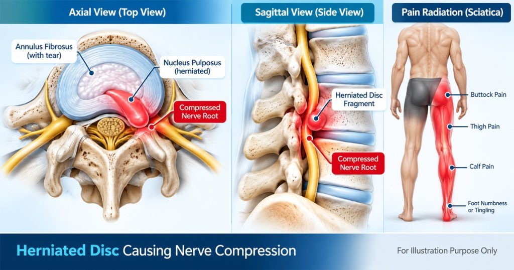 Herniated disc compressing a nerve root, shown from axial and sagittal views, with resulting sciatica pain down the buttock, thigh, calf and foot