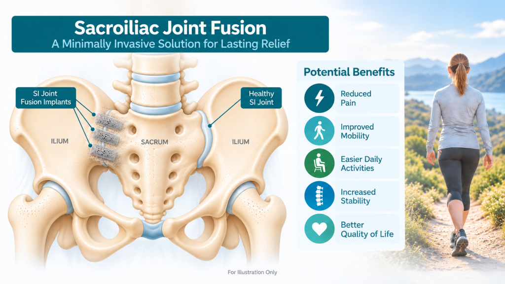Sacroiliac joint fusion diagram showing three fusion implants across the SI joint between the sacrum and ilium, with a woman walking outdoors