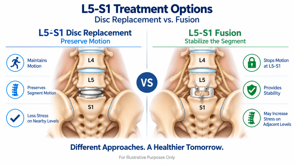 L5-S1 disc replacement preserving motion compared to L5-S1 fusion stabilizing the segment but adding stress to adjacent levels