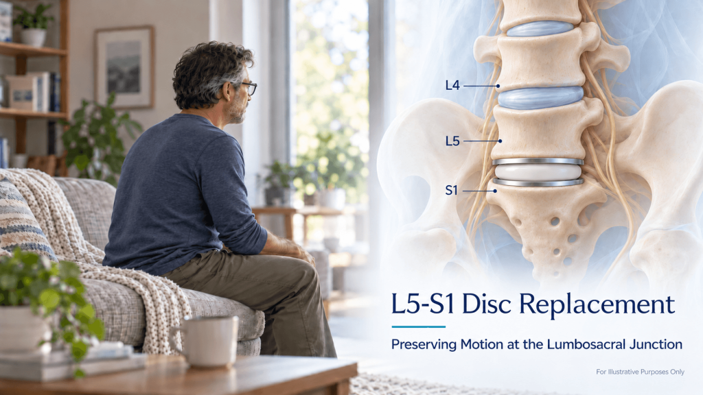 L5-S1 artificial disc replacement illustration showing the implant at the lumbosacral junction, with a man seated at home