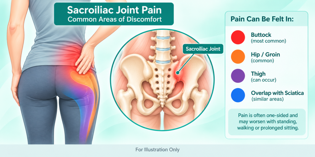 Common areas of sacroiliac joint pain, including the buttock, hip and groin, thigh, and areas overlapping with sciatica