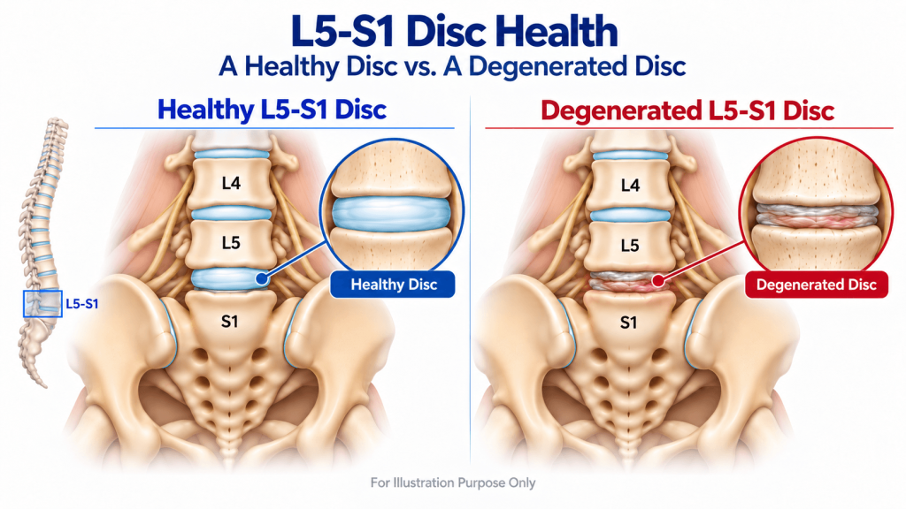 Healthy L5-S1 disc compared to a degenerated L5-S1 disc with reduced height and tissue breakdown